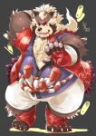  2019 anthro belly bottomwear brown_fur bulge canid canine clothing fur goemon_(tas) hi_res humanoid_hands male mammal okoge_16 overweight overweight_male raccoon_dog robe shorts simple_background solo tanuki teeth tokyo_afterschool_summoners tongue video_games 