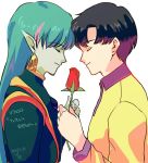  2boys bishoujo_senshi_sailor_moon black_hair chiba_mamoru closed_eyes earrings fiore_(sailor_moon) flower green_hair green_skin jewelry long_hair male_focus multicolored_hair multiple_boys pointy_ears profile puchi_(wamsnzs) rose short_hair two-tone_hair yaoi 