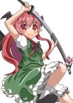  1girl arm_above_head black_neckwear bloomers blush bow bowtie commentary_request cosplay demon_wings eyebrows_visible_through_hair fang fang_out flower green_skirt green_vest hair_between_eyes hand_on_hilt head_wings highres holding holding_sword holding_weapon katana knee_up koakuma konpaku_youmu konpaku_youmu_(cosplay) leg_lift looking_at_viewer petticoat pointy_ears puffy_short_sleeves puffy_sleeves red_eyes red_hair scabbard sheath shirt short_sleeves sidelocks simple_background skirt skirt_set slit_pupils smile solo sugiyama_ichirou sword touhou underwear unsheathing vest weapon white_background white_shirt wings 