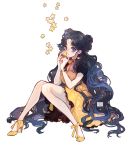  artist_name barcode bishoujo_senshi_sailor_moon black_hair blue_eyes bow crescent crescent_earrings dress earrings facial_mark flower flower_bracelet forehead_mark full_body jewelry lace lace-trimmed_dress long_hair looking_at_viewer luna_(sailor_moon) luna_(sailor_moon)_(human) ribbon ryoyell sitting solo star very_long_hair wavy_hair 