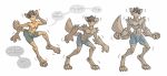  2019 animal_humanoid anthro athletic barefoot brown_hair canid canid_humanoid canine canine_humanoid canis clothed clothing dialogue digitigrade eyes_closed fur hair hand_behind_head hi_res hukeng humanoid humanoid_to_anthro male mammal mammal_humanoid one_eye_closed open_mouth sequence short_hair simple_background smile snout solo standing topless underwear white_background wolf wolf_humanoid 