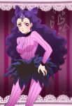  1girl artist_request bishoujo_senshi_sailor_moon bodysuit crescent double_bun earrings forehead_jewel hand_on_hip heart highres jewelry koan_(sailor_moon) lips lipstick long_hair looking_at_viewer makeup pink_bodysuit purple_eyes purple_hair red_lipstick ribbed_bodysuit shirt solo wavy_hair 