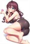  1girl :3 ahoge ass bangs barefoot bike_shorts blue_eyes blush breasts brown_hair cameltoe condom_wrapper eyebrows_visible_through_hair feet hair_between_eyes heart ichinose_shiki idolmaster idolmaster_cinderella_girls lambda_(kusowarota) large_breasts long_hair looking_at_viewer lying sideboob simple_background smile solo sports_bra sweat wavy_hair white_background 