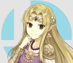  1girl absurdres blonde_hair brown_eyes closed_mouth collarbone dakkalot earrings floating_hair hair_intakes highres jewelry long_hair long_sleeves looking_at_viewer necklace pointy_ears portrait princess_zelda shiny shiny_hair shoulder_armor smile solo super_smash_bros. the_legend_of_zelda 