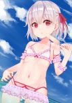  1girl absurdres arm_scrunchie bikini blue_sky bow cloud day dripping earrings fate/grand_order fate_(series) flat_chest food frilled_bikini frills hair_bow highres jewelry kama_(fate/grand_order) lca906 navel outdoors pink_scrunchie popsicle red_bow red_eyes scrunchie short_hair silver_hair sky solo standing swimsuit wet 