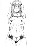  1girl arms_behind_back ass_visible_through_thighs blush breasts covered_nipples dead_or_alive dr.p hairband heart_pasties hitomi_(doa) large_breasts long_hair monochrome navel pasties shirt_lift sidelocks solo standing sweat thigh_gap thighs toned zipper_panties 