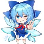  1girl absurdres artist_name bangs barefoot blue_bow blue_eyes blue_hair blue_skirt blue_vest blush bow bowtie chibi cirno commentary_request grin hair_between_eyes hair_bow hair_intakes heart heart-shaped_pupils highres ice ice_wings looking_at_viewer nenobi_(nenorium) one_eye_closed puffy_short_sleeves puffy_sleeves red_bow red_neckwear shirt short_hair short_sleeves signature simple_background skirt skirt_set smile solo symbol-shaped_pupils touhou translated v vest white_background white_shirt wings 