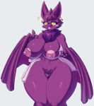  2019 alma_(mrsk) anthro areola big_breasts breasts chiropteran female fur hi_res mammal mrsk nipples open_mouth pubes purple_fur pussy solo standing thick_thighs voluptuous wide_hips yellow_eyes 