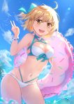  1girl :d ahoge bare_shoulders bikini blonde_hair blue_sky bow bracelet breasts brown_eyes cloud commentary_request cowboy_shot day fate/grand_order fate_(series) hair_bow hand_up highleg highres innertube jewelry lens_flare medium_breasts navel okita_souji_(fate)_(all) okita_souji_(swimsuit_assassin)_(fate) omelet_tomato open_mouth outdoors short_hair signature sky smile solo standing sunlight swimsuit v wet white_bikini 