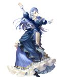  1girl bangs blue_dress blue_eyes blue_hair bow bowtie braid breasts cape capelet dress earrings fire_emblem fire_emblem_echoes:_shadows_of_valentia fire_emblem_heroes full_body fur_trim hair_ornament highres jewelry long_hair long_sleeves medium_breasts official_art rinea_(fire_emblem) shiny shiny_hair solo tied_hair transparent_background 
