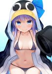  1girl animal_hood aozora_nan bangs bare_shoulders bikini bikini_under_clothes black_bikini black_jacket blue_background blue_bow blue_eyes bow breasts closed_mouth collarbone commentary_request eyebrows_visible_through_hair fate/grand_order fate_(series) gradient gradient_background groin hair_between_eyes highres hood jacket long_hair long_sleeves looking_at_viewer medium_breasts meltryllis meltryllis_(swimsuit_lancer)_(fate) navel open_clothes open_jacket penguin_hood puffy_long_sleeves puffy_sleeves purple_hair sitting sleeves_past_fingers sleeves_past_wrists smile solo swimsuit white_background 