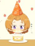  1girl :&lt; bangs birthday_cake blue_eyes blue_shirt braid cake candle closed_mouth commentary eyebrows_visible_through_hair food girls_und_panzer hat jinguu_(4839ms) looking_at_viewer orange_hair orange_pekoe parted_bangs party_hat plate shirt short_hair solo star star_print strawberry_background tied_hair translation_request twin_braids younger 