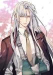  1boy alternate_costume arm_sling artist_name casual crescent facial_mark gearous highres inuyasha long_hair looking_at_viewer male_focus necktie pointy_ears sesshoumaru silver_hair solo upper_body yellow_eyes 