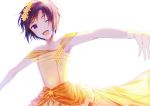  1girl ;d antenna_hair armpits dress flower gloves hachiware hair_between_eyes hair_flower hair_ornament head_wreath highres idolmaster idolmaster_(classic) kikuchi_makoto looking_at_viewer one_eye_closed open_mouth outstretched_arms purple_eyes purple_hair shiny shiny_hair short_hair simple_background sleeveless sleeveless_dress smile solo standing white_background white_gloves yellow_dress yellow_flower 