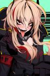  1girl armband armored_gloves bangs black_jacket blonde_hair breasts cleavage english_commentary eyebrows_visible_through_hair fangs girls_frontline gloves hair_between_eyes headgear j.k. jacket long_hair looking_at_viewer m4_sopmod_ii_(girls_frontline) middle_finger multicolored_hair open_mouth red_eyes red_hair smile solo streaked_hair tongue tongue_out 