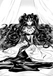  1girl bishoujo_senshi_sailor_moon breasts cleavage crescent crescent_earrings double_bun earrings forehead_jewel full_body highres jewelry lipstick long_hair looking_at_viewer makeup monochrome nehelenia_(sailor_moon) pointy_ears sakon04 sitting solo very_long_hair 