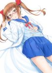  1girl bangs blue_sailor_collar blue_serafuku blue_shirt blue_sky blunt_bangs blush bow brown_eyes brown_hair commentary_request eyebrows_visible_through_hair glasses glint hair_ribbon hand_on_own_stomach hand_up idolmaster idolmaster_cinderella_girls ikebukuro_akiha labcoat long_hair long_sleeves looking_at_viewer lying miri_(ago550421) on_back open_clothes parted_lips pink-framed_eyewear pleated_skirt red_bow red_ribbon ribbon sailor_collar semi-rimless_eyewear shirt skirt sky solo twintails under-rim_eyewear white_background 