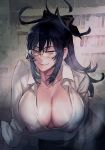  1girl bangs black_hair bow breasts cleavage closed_mouth collarbone commentary_request covered_nipples dress_shirt glasses hair_between_eyes hair_bow hamutz_meseta highres large_breasts leaning_forward looking_at_viewer maeshima_shigeki open_clothes open_shirt purple_eyes shirt sidelocks sleeves_rolled_up smile tatakau_shisho unbuttoned 