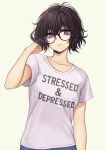  androgynous arm_up black-framed_eyewear black_hair clothes_writing collarbone english_text expressionless glasses hair_flip highres looking_at_viewer original pas_(paxiti) purple_eyes shirt short_hair simple_background solo t-shirt upper_body white_shirt yellow_background 