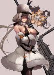  1girl absurdres arms_under_breasts bangs bare_shoulders black_legwear braid breasts cleavage coat covered_nipples crossed_arms full_body girls_frontline gloves grin gun happening18 hat highres kord_(girls_frontline) long_hair machine_gun pantyhose platinum_blonde_hair red_eyes shaded_face smile solo weapon winter_clothes winter_coat yellow_gloves 