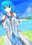  1girl absurdres blue_hair blue_skirt blurry blurry_background blush breasts collarbone commentary_request day eyebrows_visible_through_hair hair_between_eyes highres homura0620alicia long_hair looking_at_viewer medium_breasts original outdoors ribbon skirt smile solo water yellow_ribbon 