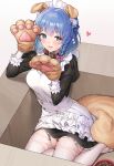  1girl :d ameyame animal_ears apron bangs blue_eyes blue_hair blush bow braid breasts collar commentary_request dog_ears dog_paws dog_tail garter_straps hair_bow heart highres maid maid_apron maid_girl maid_headdress open_mouth paws sitting smile solo tail thighhighs white_legwear yokozuwari 