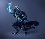  2018 anthro blue_body book by-nc-nd cloak clothed clothing countershade_torso countershading creative_commons digital_media_(artwork) digitigrade dragon dragon_humanoid electricity feet hair hi_res horn loincloth magic magic_user male muscular obfuscator potions raised_arm reptile scalie simple_background solo white_hair 
