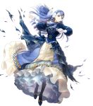  1girl bangs blue_dress blue_eyes blue_hair bow bowtie braid breasts cape capelet dress earrings fire_emblem fire_emblem_echoes:_shadows_of_valentia fire_emblem_heroes fur_trim hair_ornament highres jewelry long_hair long_sleeves medium_breasts official_art rinea_(fire_emblem) shiny shiny_hair solo tied_hair transparent_background 