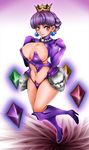  1girl blush boots braid breasts cleavage crown curvy earrings french_braid gradriel jewelry large_breasts princess_crown purple_eyes purple_hair revealing_clothes short_hair skull smile solo 