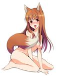  animal_ears bad_id bad_pixiv_id barefoot blush breasts brown_hair full_body holo kneeling long_hair medium_breasts nipples nude open_mouth red_eyes sage_joh saliva simple_background solo spice_and_wolf tail white_background wolf_ears wolf_tail 