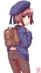  alternate_costume artist_logo ass back backpack bag brown_backpack brown_eyes brown_hair commentary_request cowboy_shot dated dress eyebrows_visible_through_hair flat_ass hat highres kanon_(kurogane_knights) kantai_collection long_sleeves looking_at_viewer looking_back lowleg lowleg_panties open_mouth panties panties_under_pantyhose pantyhose peaked_cap randoseru ribbed_dress sailor_hat seamed_legwear short_hair side-seamed_legwear simple_background solo underwear v-shaped_eyebrows wardrobe_malfunction white_background white_panties z3_max_schultz_(kantai_collection) 