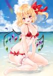  1girl :d absurdres bangs bare_legs barefoot beach bikini blonde_hair blue_sky blush breasts cloud commentary_request crystal day dolphin eyebrows_visible_through_hair fang flandre_scarlet front-tie_bikini front-tie_top hair_between_eyes head_tilt highres leg_garter looking_at_viewer meteor_(yamashou) no_hat no_headwear ocean one_side_up open_mouth outdoors partial_commentary red_bikini red_eyes short_hair sitting sky small_breasts smile solo stomach swimsuit thighs touhou water wings yokozuwari 