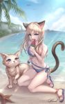  1girl absurdres animal_ears beach bikini blade_&amp;_soul blonde_hair blue_eyes blush cat cat_ears cat_tail commission food highres holding holding_cat ice_cream kie_(wylee2212) lace licking looking_at_viewer lyn_(blade_&amp;_soul) mascot ocean palm_tree sandals sitting sunlight swimsuit tail tree white_skin 