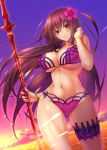  1girl alternate_costume bikini bracelet breasts emanon123 fate/grand_order fate_(series) flower gae_bolg hair_flower hair_intakes hair_ornament hand_in_hair hibiscus highres holding holding_weapon jewelry kunai large_breasts leg_garter looking_at_viewer nail_polish navel ocean outdoors parted_lips pink_bikini purple_bikini purple_hair red_eyes scathach_(fate)_(all) scathach_(swimsuit_assassin)_(fate) smile solo sunset swimsuit weapon 