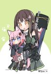  2girls anger_vein animal_ears blue_eyes brown_eyes brown_hair cat_ears chibi commentary_request face_mask girls_frontline gun_case hug hug_from_behind korean_commentary korean_text m4a1_(girls_frontline) mask mod3_(girls_frontline) multiple_girls pink_hair st_ar-15_(girls_frontline) tsuka 