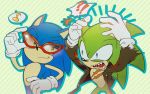  ?! angry anthro blue_eyes blue_fur clothing den255 duo eulipotyphlan eyewear fur gloves green_background green_eyes green_fur handwear hedgehog humor jacket looking_at_another male mammal musical_note pattern_background scourge_the_hedgehog sharp_teeth simple_background smile smug sonic_(series) sonic_the_hedgehog sunglasses teeth topwear 