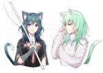  1girl alternate_costume animal_ears armor armored_dress blue_eyes blue_hair breasts byleth_(fire_emblem) byleth_(fire_emblem)_(female) cape cat_ears cat_tail clovisxvii detached_collar fire_emblem fire_emblem:_three_houses fishing_rod green_eyes green_hair half-closed_eyes high_collar highres long_sleeves looking_at_viewer medium_breasts medium_hair multiple_views patterned_background ribbed_sweater rubbing_eyes sleepy solo sweater tail turtleneck turtleneck_sweater upper_body vambraces white_background white_sweater 
