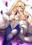  1girl animal_ears artoria_pendragon_(all) artoria_pendragon_(swimsuit_ruler)_(fate) bangs bare_shoulders blonde_hair blue_legwear breasts bunny_ears bunnysuit card cleavage detached_collar fate/grand_order fate_(series) feather_boa green_eyes hair_between_eyes head_tilt large_breasts leotard long_hair looking_at_viewer mouth_hold necktie pantyhose playing_card ponytail sidelocks sitting solo touwa_nikuman white_leotard wrist_cuffs 