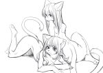  anthro blush breasts cleavage clothed clothing duo felid feline female fur hair hi_res kemono long_hair magiace mammal nude simple_background smile white_background 