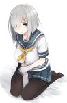  1girl between_legs blue_eyes blue_skirt breasts collarbone gloves hair_ornament hair_over_one_eye hairclip hamakaze_(kantai_collection) hand_between_legs hand_on_own_arm highres kantai_collection large_breasts looking_at_viewer no_shoes pantyhose pleated_skirt school_uniform serafuku short_hair silver_hair simple_background skirt solo striped striped_skirt wataro_(watawatawatapon) white_background white_gloves 