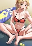  1girl ayakumo bikini blonde_hair blush braid breasts collarbone commentary fate/grand_order fate_(series) green_eyes hair_ornament highres large_breasts long_hair looking_at_viewer mordred_(fate)_(all) mordred_(swimsuit_rider)_(fate) navel ponytail red_bikini scrunchie side-tie_bikini solo surfboard swimsuit tongue tongue_out toy 