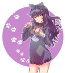  1girl bangs black_bow black_hair black_sweater blake_belladonna bow breasts cleavage cleavage_cutout cowboy_shot dress eyebrows_visible_through_hair fang fang_out floating_hair hair_bow highres iesupa long_hair looking_at_viewer medium_breasts rwby shiny shiny_hair short_dress sketch slit_pupils smile solo standing sweater sweater_dress very_long_hair white_background yellow_eyes 