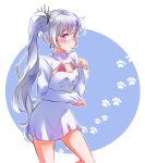  1girl blue_eyes blush braid breasts cleavage_cutout dress earrings eyebrows_visible_through_hair hair_between_eyes highres iesupa jewelry long_hair long_sleeves looking_at_viewer rwby shiny shiny_hair short_dress side_ponytail silver_hair small_breasts solo standing sweater sweater_dress very_long_hair weiss_schnee white_background white_sweater 