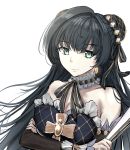  ascter bellona_(epic7) black_hair breasts earrings epic7 fan green_eyes highres jewelry large_breasts long_hair 
