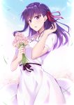  1girl absurdres bangs black_flower breasts collarbone commentary_request dress fate/stay_night fate_(series) flower gu_li hair_ribbon highres holding holding_flower large_breasts long_hair looking_at_viewer matou_sakura parted_lips purple_eyes purple_hair ribbon short_sleeves solo white_dress 