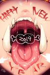  1girl 2019 body_writing boned_meat chibi chibi_inset close-up commentary_request face fangs food glowing glowing_eyes happy_new_year looking_at_viewer lower_teeth meat minamoto mouth new_year nose open_mouth original saliva solo teeth tongue tongue_out upper_teeth uvula yellow_eyes 