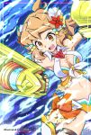  1girl :d bikini bow breasts brown_eyes brown_hair cleavage commentary_request flower flower_request headgear medium_breasts mutsuki_riichi open_mouth orange_bow red_flower senki_zesshou_symphogear senki_zesshou_symphogear_xd_unlimited smile solo swimsuit tachibana_hibiki_(symphogear) water 