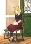  1girl animal_ears bangs black_capelet black_legwear blonde_hair breasts capelet cat_ears cat_girl chair cleavage door dress eyebrows_visible_through_hair full_body gloves indoors lace lace-trimmed_dress looking_at_viewer mary_janes neck_ribbon noki_(affabile) on_chair original pantyhose red_dress red_footwear red_neckwear red_ribbon ribbon shoes short_hair short_sleeves sitting solo stool white_gloves yellow_eyes 