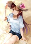  1girl absurdres arm_support arm_up bangs beach black_shorts breasts brown_eyes brown_hair brown_headwear closed_mouth collarbone commentary_request day eyebrows_visible_through_hair flower hair_ornament hand_on_headwear hat hat_flower highres long_hair looking_at_viewer love_live! love_live!_sunshine!! outdoors pink_flower sakurauchi_riko sand shirt short_shorts short_sleeves shorts sin_(sin52y) sitting small_breasts smile solo summer sun_hat very_long_hair water white_shirt 