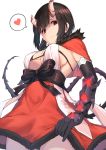  1girl bangs black_bra black_eyes black_gloves black_hair black_ribbon bra breasts broken_horn capelet commentary_request dress elbow_gloves from_below fur_trim gauntlets gloves heart highres kaname_(melaninusa09) large_breasts looking_at_viewer princess_connect! red_capelet red_dress red_heart ribbon short_hair solo spiked_tail tail underwear 